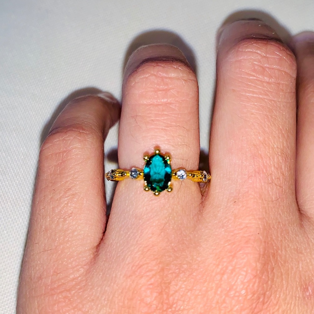 Bright green dainty emerald gold plated ring new